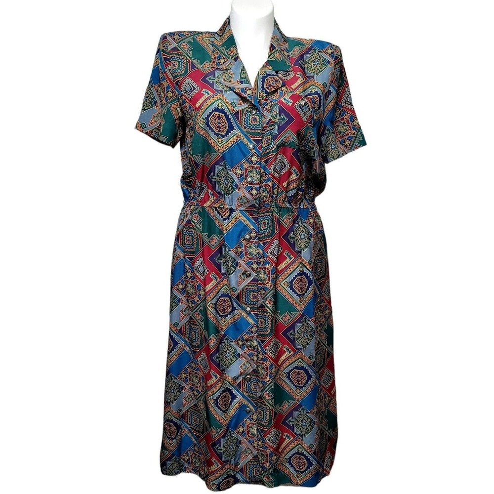 Vintage Leslie Fay Geo Print Midi Shirt Dress MultiColor Size 14 Eclectic Modest